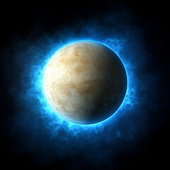 A planet in space that is a sublte beige colour with a bright blue aura glow around it