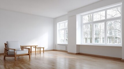 Bright living space with minimalist furniture and natural light / Serene simplicity in modern home design