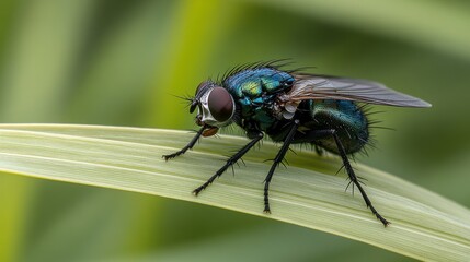 Fototapeta premium detailed macro shot showcasing a iridescent greenbottle fly perched on a vibrant green leaf demonstrating the beauty of insects in nature