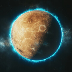 Obraz premium A planet in space that is a sublte beige colour with a bright blue aura glow around it