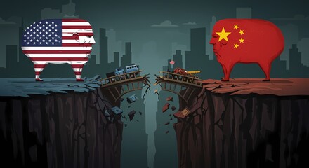 trade war illustration showing usa vs china with broken bridge of commerce. Generative AI