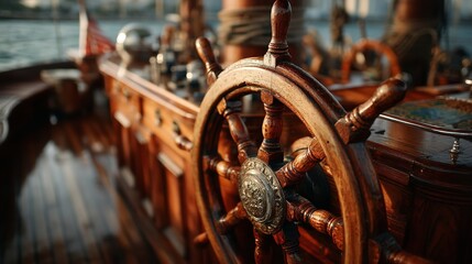 Wooden ship steering wheel up close. Side shot of a yacht rudder during a sunset. yacht, adventure travel, and tourism history. Generative Ai