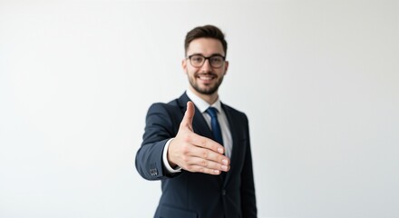 Businessman smiling and offering handshake against white background  