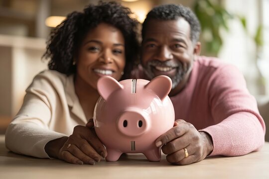 Securing Their Financial Future: African American Couple Collaborates on Retirement Savings Plan Using a Piggy Bank. - Powered by Adobe