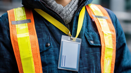worker wearing safety vest with visible ID badge, showcasing professionalism and safety in workplace
