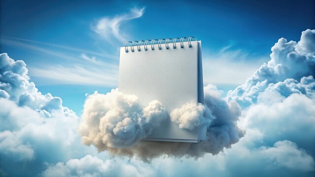 Whimsical calendar surrounded by fluffy white clouds, carefree, light,  carefree, light, serene, gentle, creativity, joyful