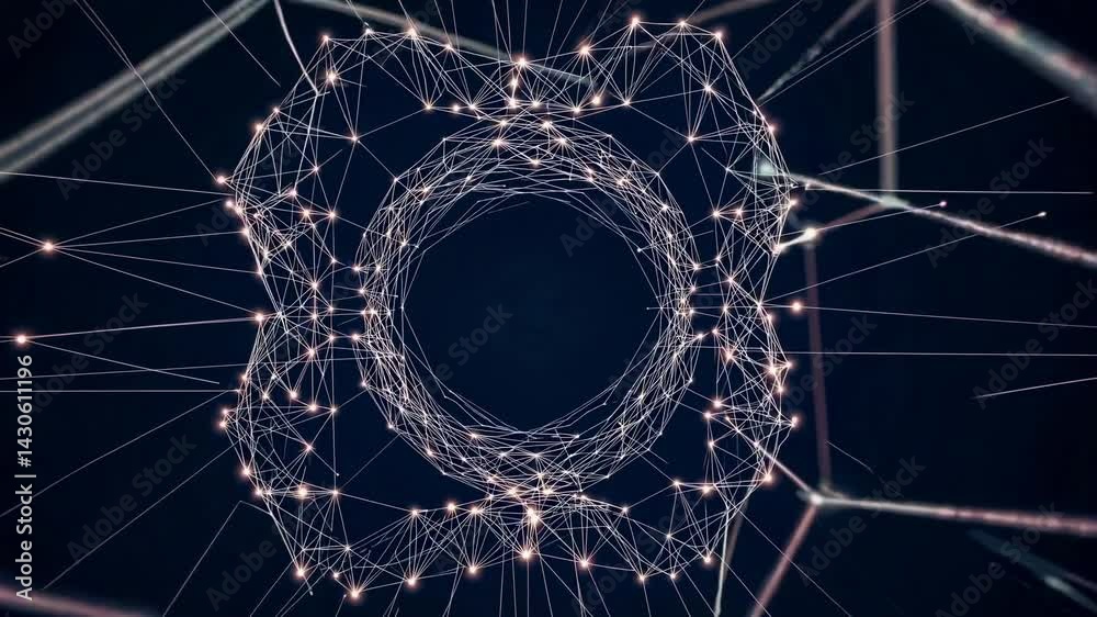 Poster glowing plexus abstract network grows and transforms on a dark background, creating complex geometri