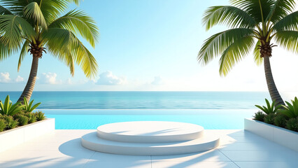 Fototapeta premium palm trees frame luxurious pool calm water top view summer