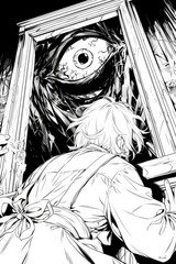 A person looking at a large eye inside a dark frame