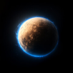 Obraz premium A planet in space that is a sublte beige colour with a bright blue aura glow around it