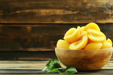 Freshly sliced yellow peaches in a wooden bowl