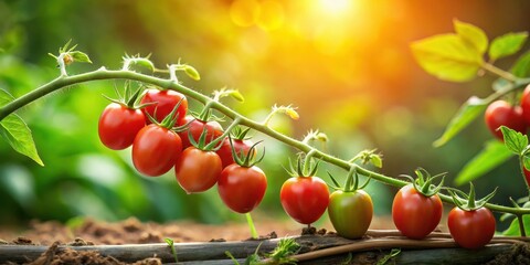 Fresh juicy cherry tomatoes sitting on a curved twig with green leaves and tiny twigs sprouting from it, garden, fruit,  garden