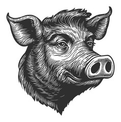 Fototapeta premium Detailed Black and White Engraving of a Pig Head Illustration