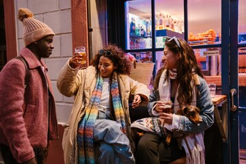 Young friends of diverse backgrounds enjoy drinks outside a city bar at night. A Black man stands nearby while an Asian and a Hispanic woman sit, holding a beer and a small dog.