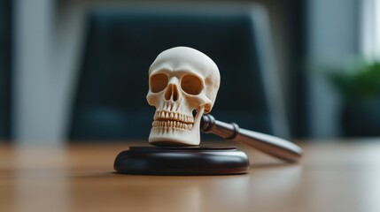 A detailed skull placed on a wooden gavel against a blurred background of a law office. This composition symbolizes justice and the legal system