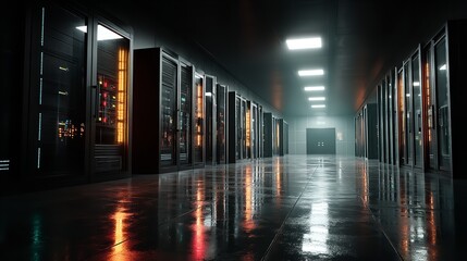 Fototapeta premium Computer racks in a dark tech server room. Critical systems are housed in a secure environment. Generative Ai