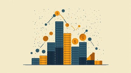 Colorful financial growth concept with stacked coins and charts illustrating success.