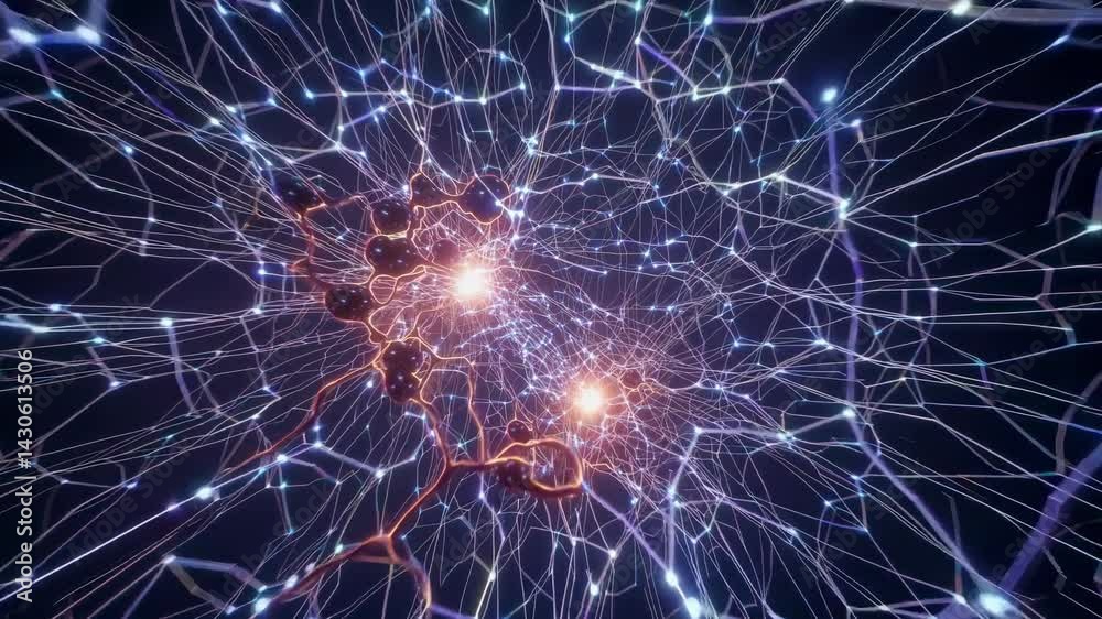 Poster complex network structure expands and connects, pulsating energy flows through intricate pathways, c