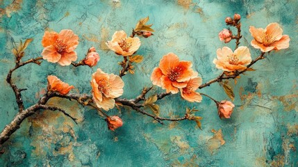 Fototapeta premium Delicate peach blossoms bloom on textured teal background.