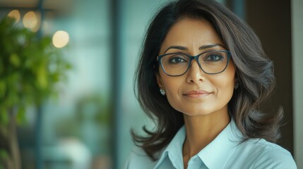 Obraz premium Portrait of indian businesswoman wearing shirt and standing outside conference room. Portrait of happy business lady wearing spectacles and looking at camera with copy space. Satisfied proud female.