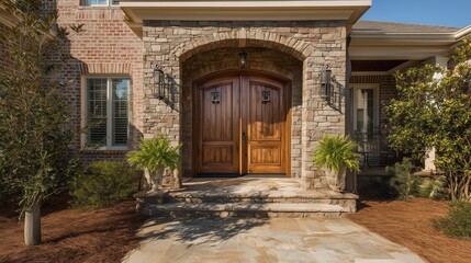 Fototapeta premium Elegant house facade with refined architectural details, embodying timeless sophistication and welcoming charm