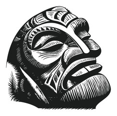 Intricate Black and White Engraving of a Tribal Mask in Woodcut Style