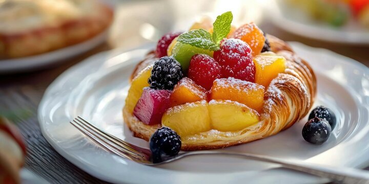 A fruit Danish pastry with a mix of colorful fruits on top, elegantly arranged on a white porcelain plate with a fork