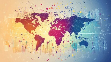 Fototapeta premium Colorful world map illustrating global connections and digital networks.