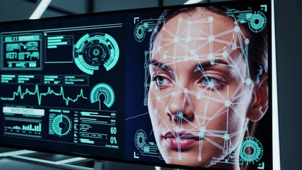 Futuristic facial recognition system analyzing woman face on digital monitor, displaying biometric data and creating a digital mesh, in a modern laboratory setting - Powered by Adobe