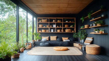 Fototapeta premium Cozy reading nook with large windows, plants, wooden shelves, and comfortable seating