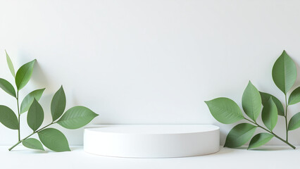white background features empty podium natural leaves arranged visually appealing product display