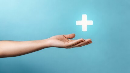 Male hand holding plus icon on blue background. Plus sign virtual means to offer positive thing like benefits, personal development, social network Profit,health insurance, growth concepts