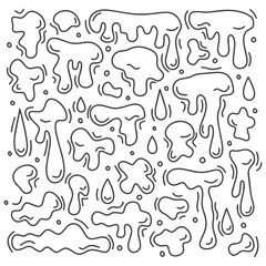 Fototapeta premium Doodle sketches of irregular dripping liquid shapes in black on white background