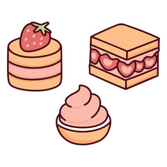 Set of three strawberry desserts including cream tart, sponge cake with filling and pink mousse. Sweet bakery treats with fruit decoration