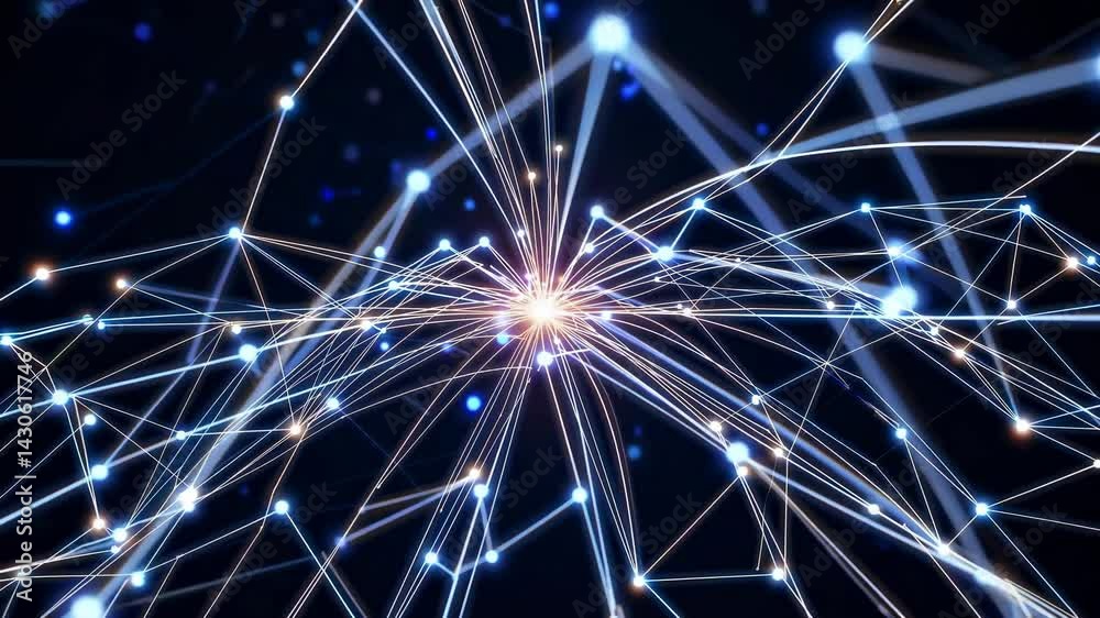 Poster abstract plexus network is growing and connecting on a dark background with glowing dots and lines. 