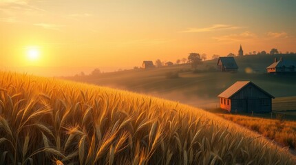Wheat Field at Sunrise with Buildings on Hillside