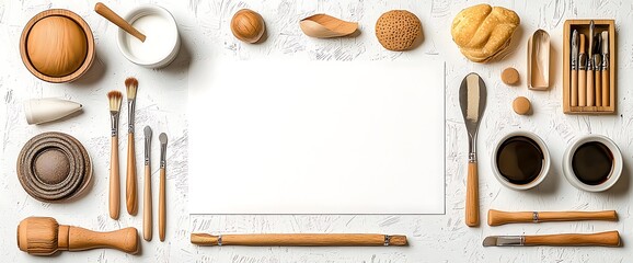 White paper surrounded by wooden & white items. Top view