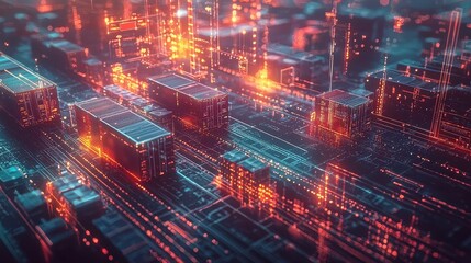 Obraz premium Futuristic digital cityscape with vibrant circuitry and glowing skyscrapers.