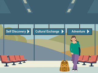 Young woman with a backpack standing in airport departure lounge, departure boards showing destinations "Self Discovery", "Cultural Exchange", and "Adventure." Gap year travel concept
