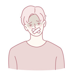 An illustration of a young person with tape over their mouth, conveying feelings of mute distress and anxiety