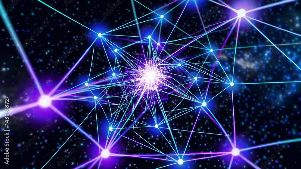 Poster luminous lines interconnecting glowing dots form intricate network spreading across deep space, reve