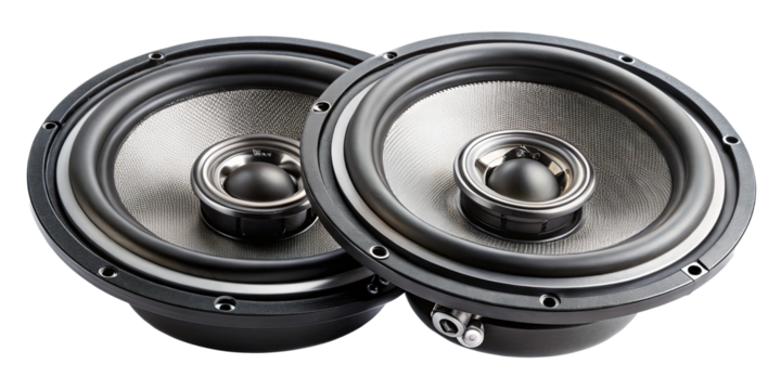 Pair of highend car audio speakers with metallic gray speaker cones