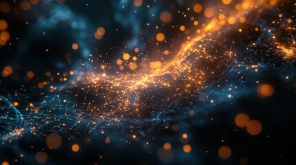 Obraz premium A mesmerizing abstract digital landscape with glowing orange and blue particles.