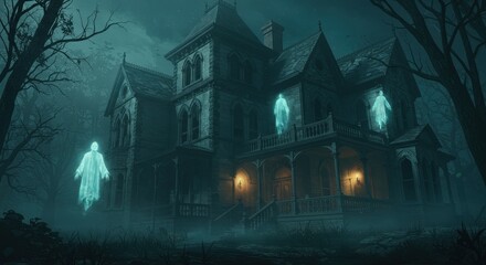 Fototapeta premium Spooky Mansion with Glowing Ghosts in Misty Night