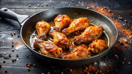Fototapeta premium Crispy fried chicken wings sizzling in a hot pan with oil splatters on the surface and edges of the pan