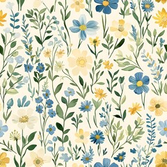 Watercolor Seamless Pattern Blue and Yellow Floral Design Botanical Illustration Spring Summer