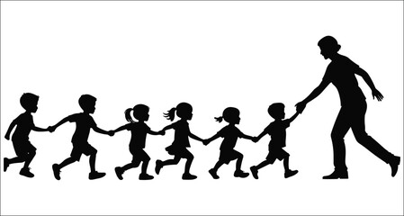 Children Follow Teacher Holding Hands Silhouette Depicting School Excursion Or Field Trip