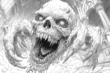 A fearsome skull creature is emerging from an old structure