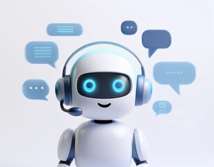 3D friendly robot wearing a headset is ready to assist with your inquiries