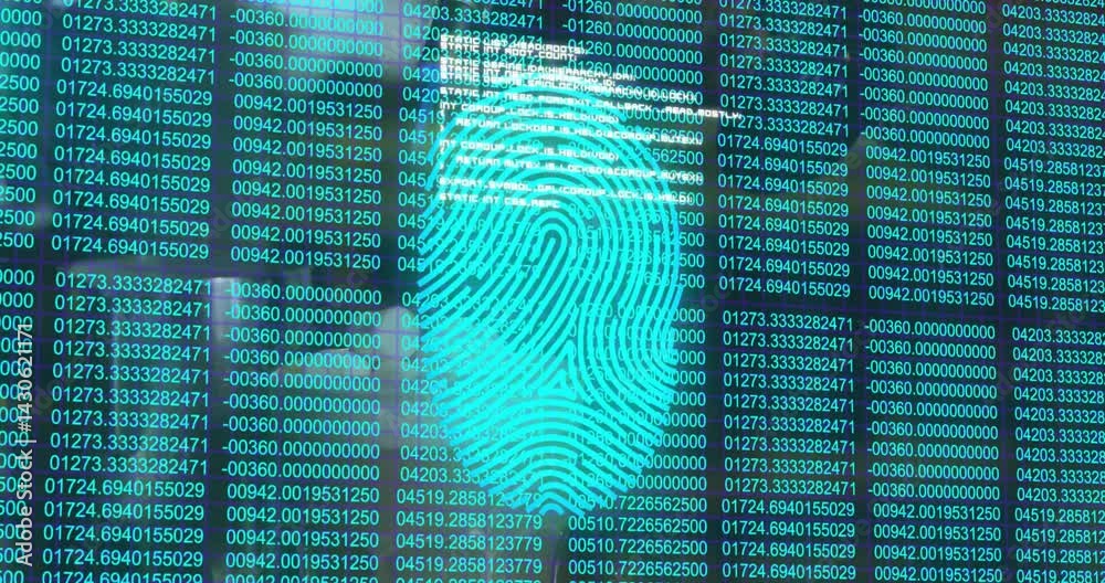 Aufkleber interface displaying biometric security data, showing animated fingerprint overlaying numeric code